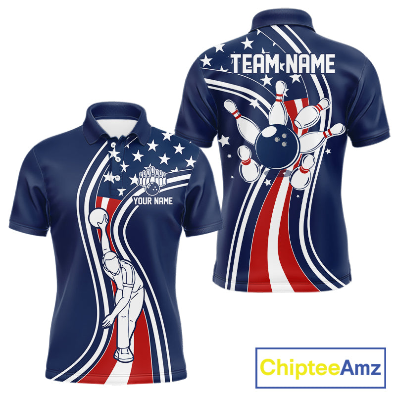 Retro bowling Polo, 1/4 Zip shirts for Men Custom American flag patriotic team bowling jerseys | Navy NQS11430