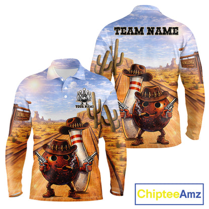 Funny desert Bowling Cowboy gun Bowling Polo, 1/4 zip shirts Custom bowling team jerseys NQS11434