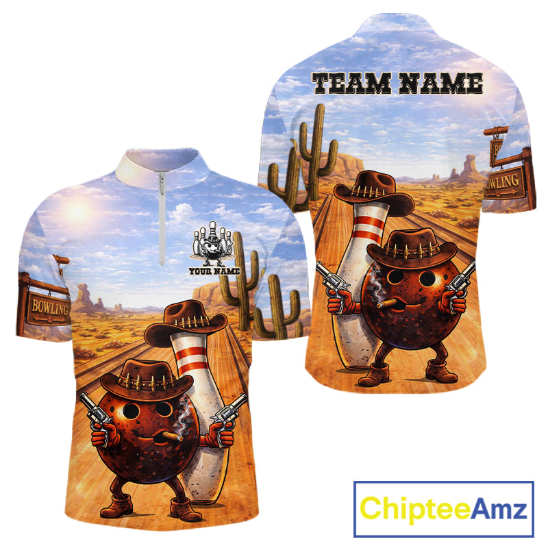Funny desert Bowling Cowboy gun Bowling Polo, 1/4 zip shirts Custom bowling team jerseys NQS11434