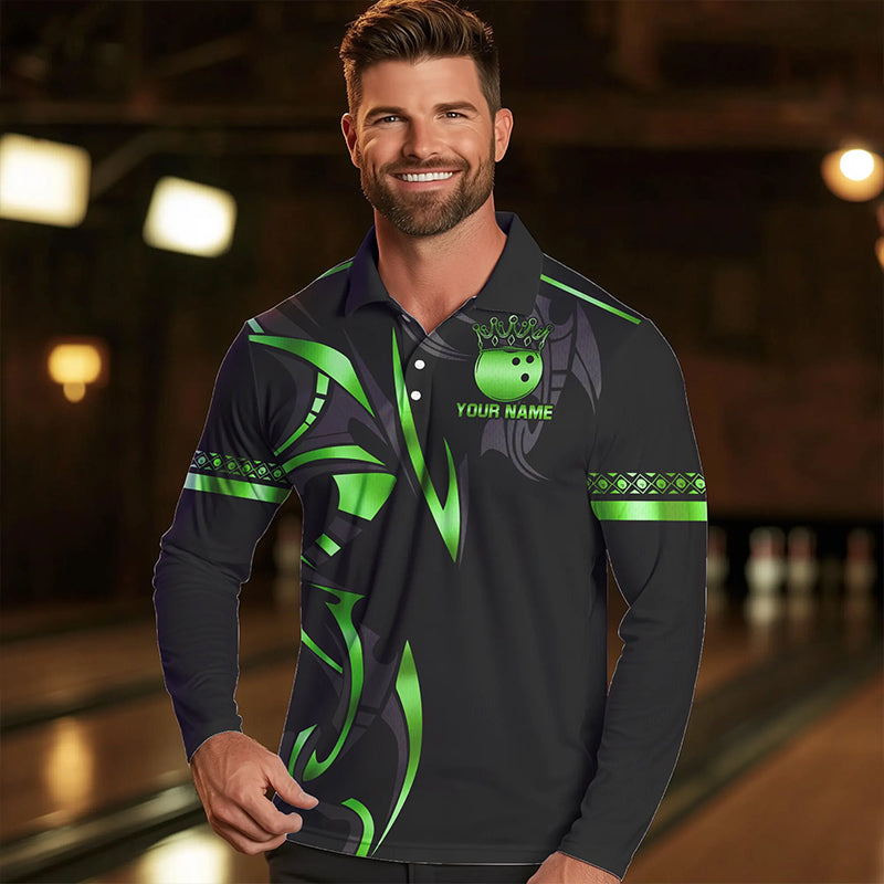Black and Green crown Bowling ball Polo, Quarter Zip Shirts for Men Custom Bowling Team jerseys NQS9502