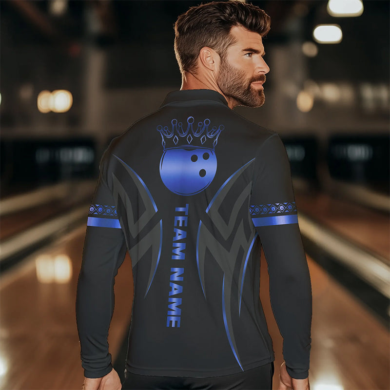Black and Blue crown Bowling ball Polo, Quarter Zip Shirts for Men Custom Bowling Team jerseys NQS9503