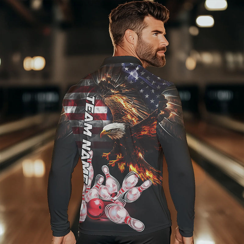 Smoke American Flag Eagle Flame Bowling Shirts for Men Custom patriotic Team Bowling jerseys NQS9504