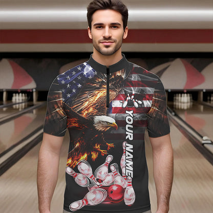 Smoke American Flag Eagle Flame Bowling Shirts for Men Custom patriotic Team Bowling jerseys NQS9504