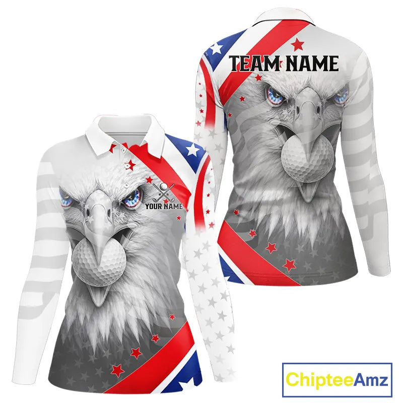 Red, White and Blue US Flag Eagle Golf Polo Shirts For Women Custom Patriotic ladies golf shirts NQS11631
