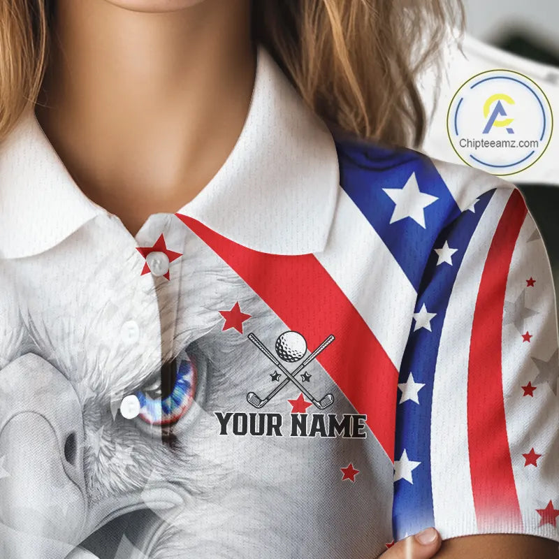 Red, White and Blue US Flag Eagle Golf Polo Shirts For Women Custom Patriotic ladies golf shirts NQS11631