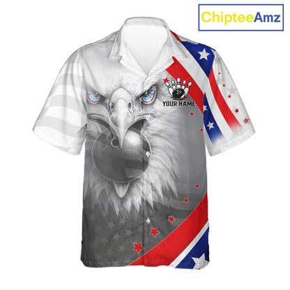 Red, White & Blue US Flag Eagle Bowling Button-up Shirt Custom Patriotic Team Hawaiian Bowling Jersey NQS11632