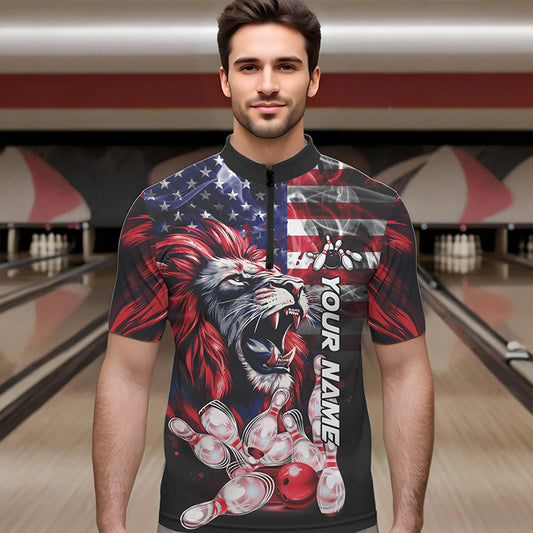 Smoke American Flag Lion Bowling Polo, 1/4 Zip Shirts for Men Custom patriotic Team Bowling jerseys NQS9670