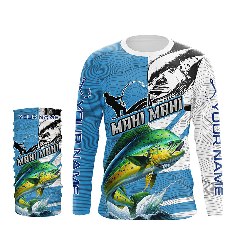 Mahi mahi Fishing Blue Camo UV protection custom long sleeve fishing apparel, Dorado fishing jerseys NQS8235