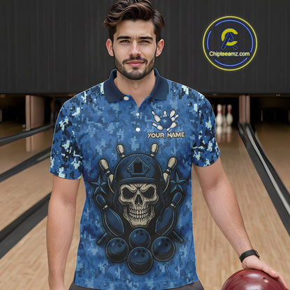 Blue Camo American Flag Veteran Skull Bowling Shirts For Men Custom patriotic Bowling Team Jerseys NQS11047