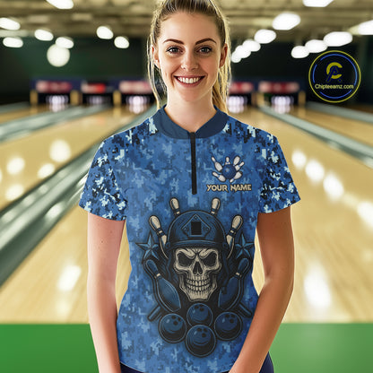 Blue Camo American Flag Veteran Skull Bowling Shirts For Women Custom patriotic Bowling Team Jerseys NQS11047