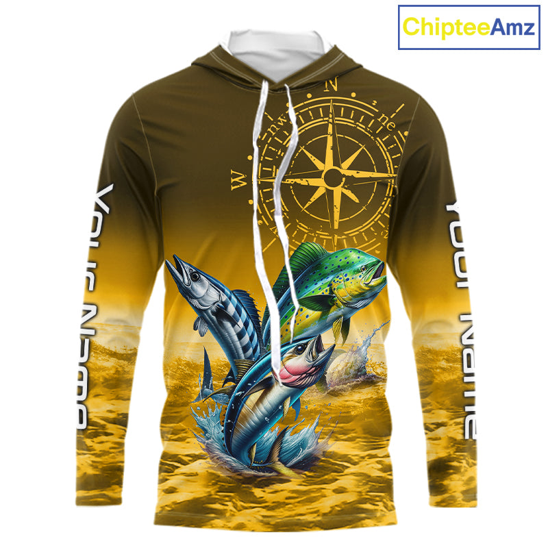 Custom Mahi Mahi, Wahoo, Tuna Yellow Performance Fishing Shirt, Compass Offshore Tournament Shirts NQS11438