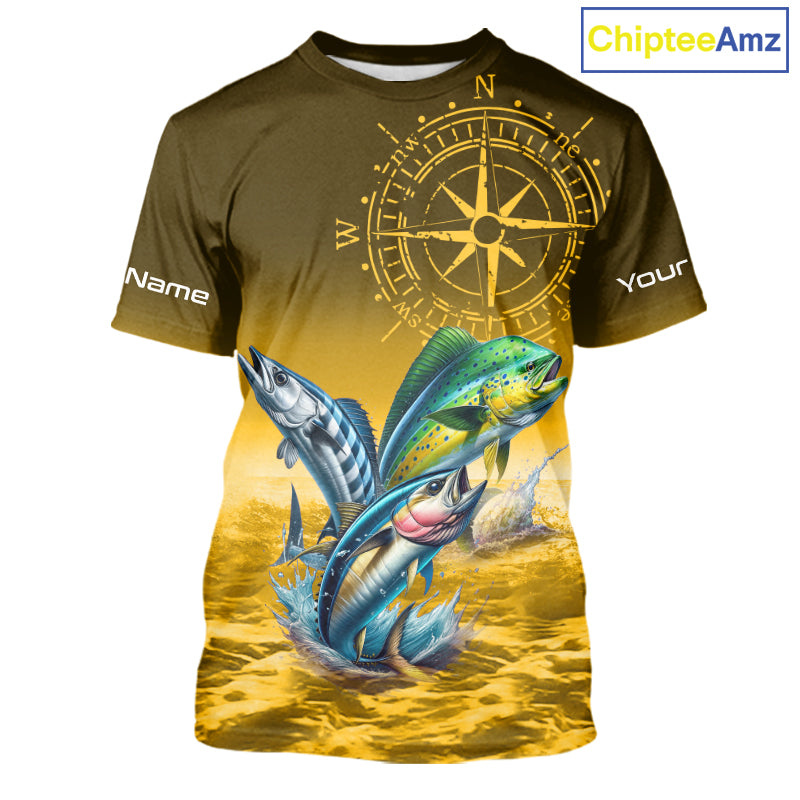 Custom Mahi Mahi, Wahoo, Tuna Yellow Performance Fishing Shirt, Compass Offshore Tournament Shirts NQS11438