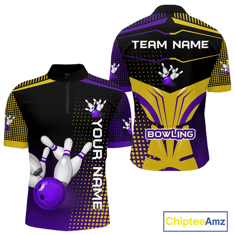 Yellow and Purple pattern Bowling shirts For Men Custom Team Bowling Jerseys, Gift For Bowler NQS11242