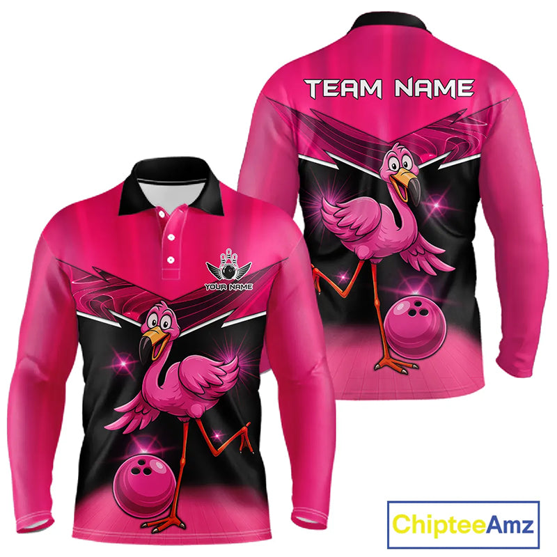Funny Pink Flamingo Bowling Polo, 1/4 zip shirts for Men Custom Flamingo Team bowling outfit NQS11248