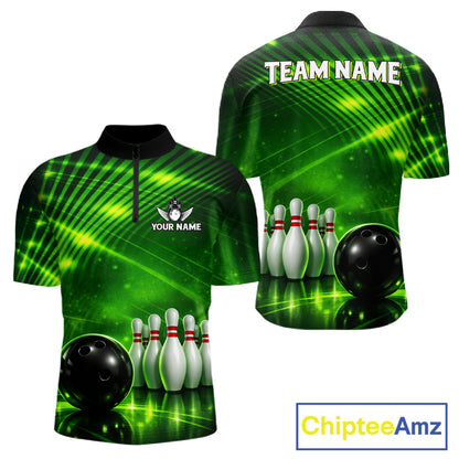 Green Light Bowling Polo, Quarter Zip Shirts For Men Custom Bowling Team Jerseys, Gift For Bowlers NQS11737