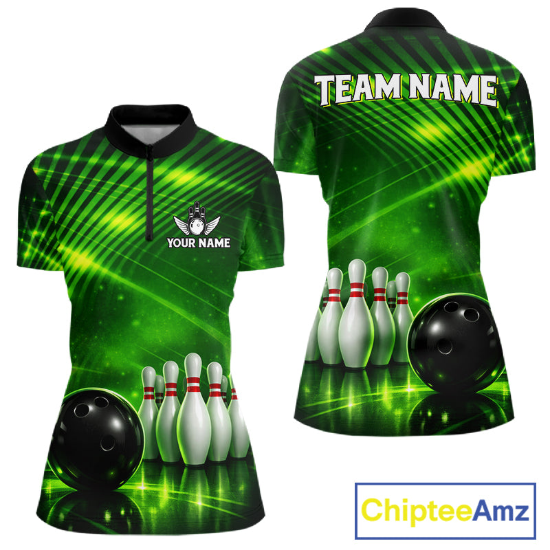 Green Light Bowling Polo, Quarter Zip Shirts For Women Custom Bowling Team Jerseys, Gift For Bowlers NQS11737