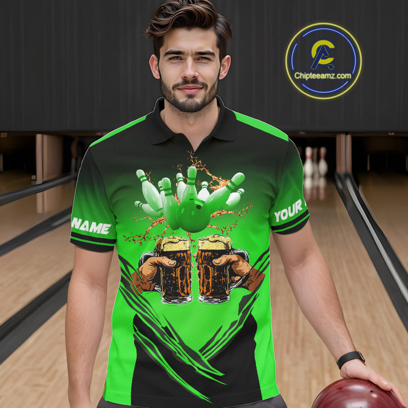 Bowling Beer Black and Green Bowling Polo, 1/4 Quarter zip shirts Custom Mens Team Bowling jerseys NQS10874