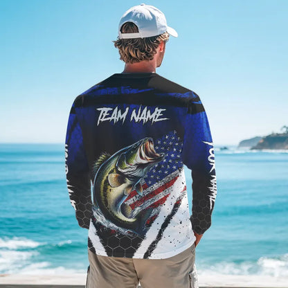 Largemouth Bass fishing American Flag Custom patriotic long sleeve team Bass fishing shirts | Blue NQS9529