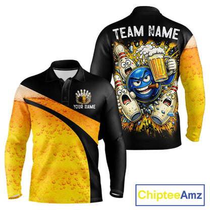 Custom Yellow Funny Beer Bowling Jersey for Men Bowling Uniform Polo & 1/4 Zip Bowling Team Shirts NQS11646