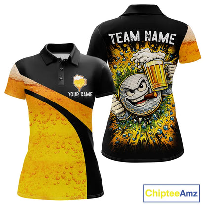 Custom Yellow Funny Beer Golf Polo Shirts For Women, golf outfits for ladies, Personalized golf gifts NQS11647