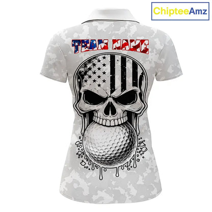Personalized American Flag Skull Eagle Camo Golf Polo Shirts For Women, Patriotic Ladies Golf Outfits NQS11649