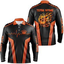 Load image into Gallery viewer, Black and orange Flame Bowling shirts for men custom Bowling Ball Pins heartbeat team bowling shirts NQS7827
