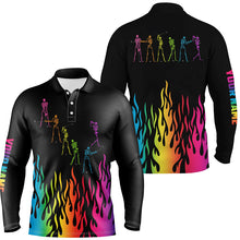 Load image into Gallery viewer, Rainbow flame golf skeleton custom black Mens golf polo shirts, black mens golf shirt NQS6144