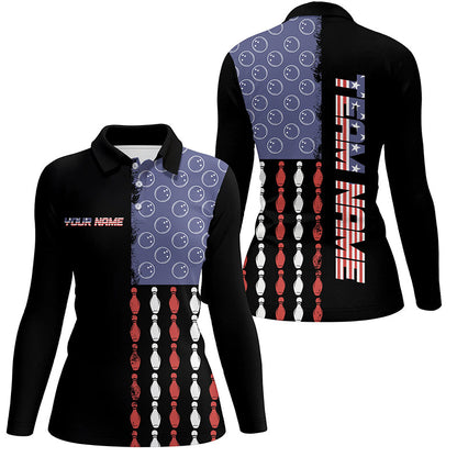 Vintage Retro American Flag Bowling Polo, Quarter-Zip Shirt For Women Custom Bowling Team Jerseys NQS8469