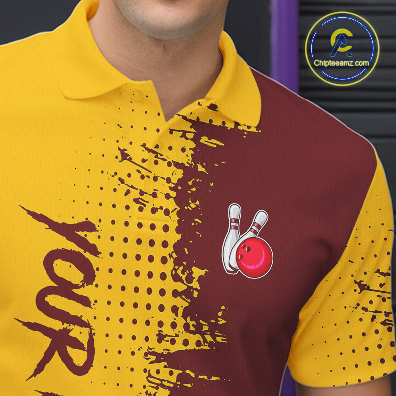 Yellow and Red Bowling Polo, Quarter Zip shirts for Men Custom Bowling Team Jerseys NQS10882