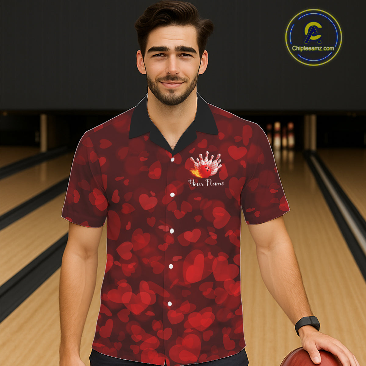 Red Hearts pattern Valentine Bowling Hawaiian shirts Custom Bowling Couple Outfits NQS11251