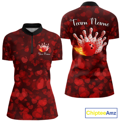 Red Hearts pattern Valentine matching bowling shirts for couples Custom Bowling Couple Outfits NQS11251