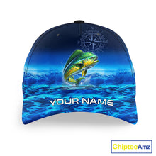 Load image into Gallery viewer, Personalized Mahi Mahi Blue sea fishing hat, compass offshore tournament Angler hat cap NQS11253
