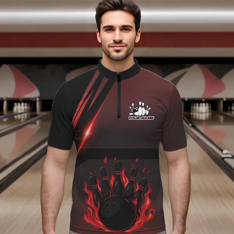 Black And Red Flame Bowling Ball and pins Bowling Shirts For Men Custom Team Bowling Jerseys NQS9387