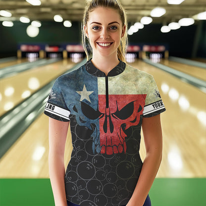 Vintage Texas Flag Skull Black Bowling Camo retro Bowling shirts for Women custom Bowling team jerseys NQS9535