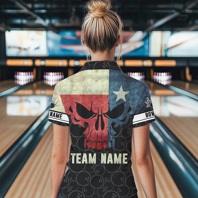 Vintage Texas Flag Skull Black Bowling Camo retro Bowling shirts for Women custom Bowling team jerseys NQS9535