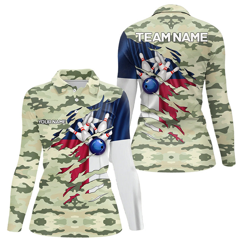 Texas Flag Green Camo Bowling Polo, Quarter Zip shirts for Women custom Texas Bowling Team Jerseys NQS9536