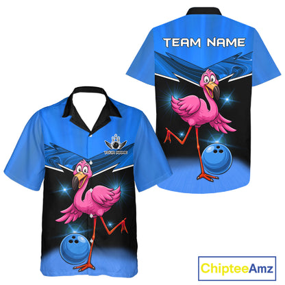 Funny Pink Flamingo Bowling Hawaiian Shirt Custom Flamingo Team bowling button-up shirt | Blue NQS11653
