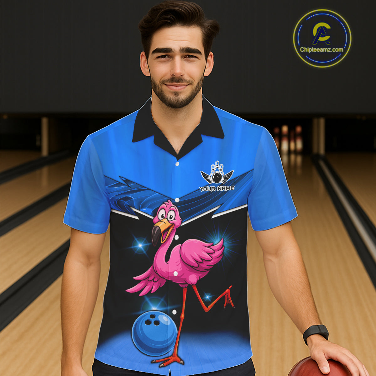 Funny Pink Flamingo Bowling Hawaiian Shirt Custom Flamingo Team bowling button-up shirt | Blue NQS11653