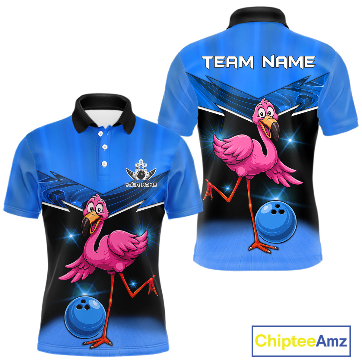 Funny Pink Flamingo Bowling Polo, 1/4 zip shirts for Men Custom Flamingo Team bowling outfit | Blue NQS11653