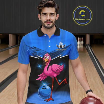 Funny Pink Flamingo Bowling Polo, 1/4 zip shirts for Men Custom Flamingo Team bowling outfit | Blue NQS11653