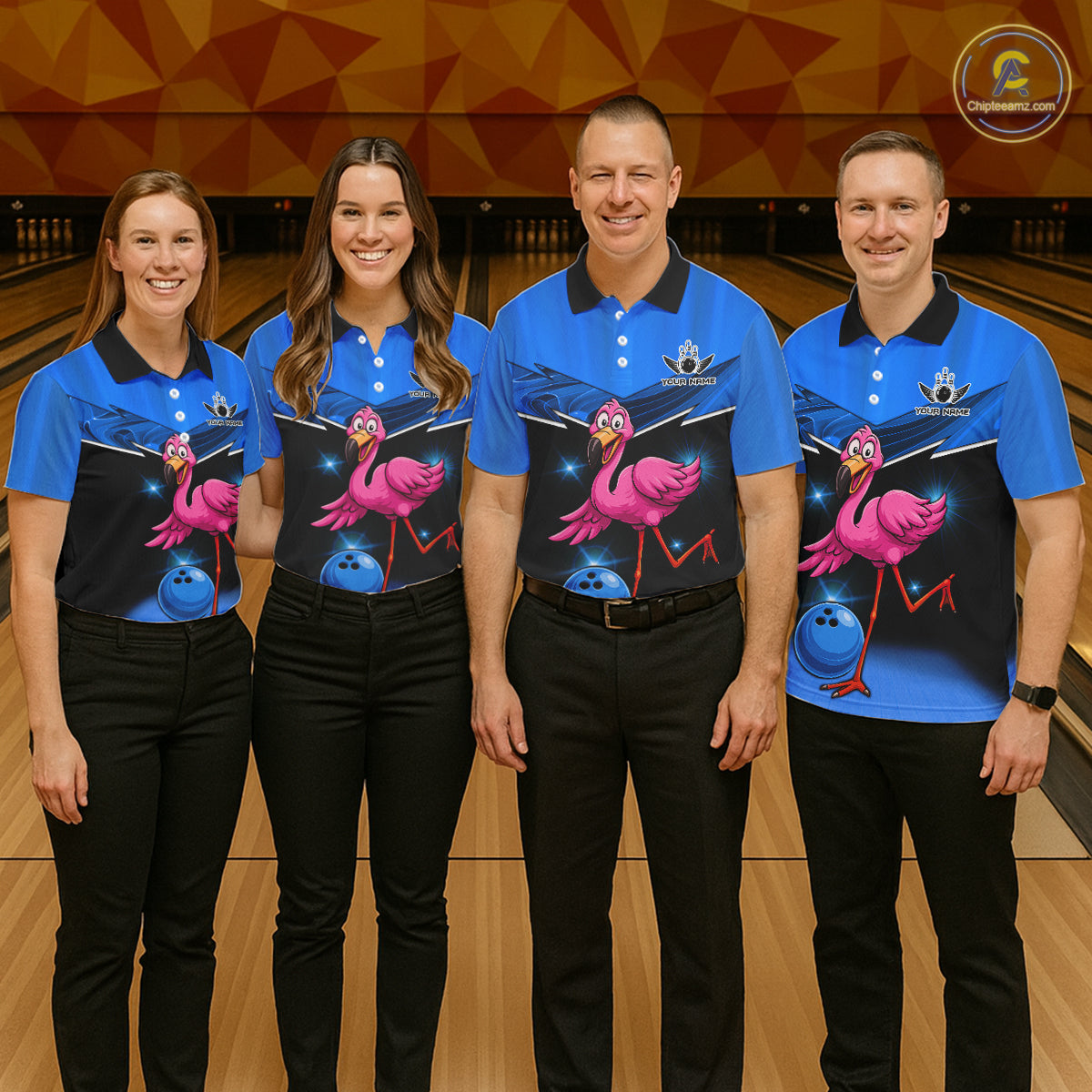 Funny Pink Flamingo Bowling Polo, 1/4 zip shirts for Women Custom Flamingo Team bowling outfit | Blue NQS11653