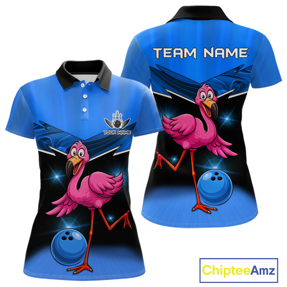 Funny Pink Flamingo Bowling Polo, 1/4 zip shirts for Women Custom Flamingo Team bowling outfit | Blue NQS11653