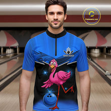 Load image into Gallery viewer, Funny Pink Flamingo Bowling Polo, 1/4 zip shirts for Men Custom Flamingo Team bowling outfit | Blue NQS11653