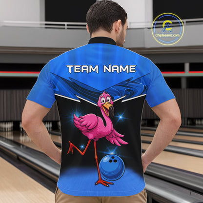 Funny Pink Flamingo Bowling Polo, 1/4 zip shirts for Men Custom Flamingo Team bowling outfit | Blue NQS11653