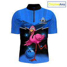 Load image into Gallery viewer, Funny Pink Flamingo Bowling Polo, 1/4 zip shirts for Men Custom Flamingo Team bowling outfit | Blue NQS11653