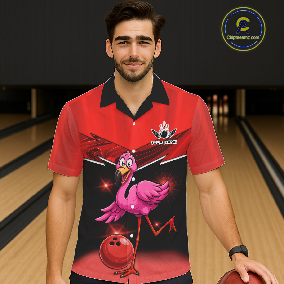 Funny Pink Flamingo Bowling Hawaiian Shirt Custom Flamingo Team bowling button-up shirt | Red NQS11654