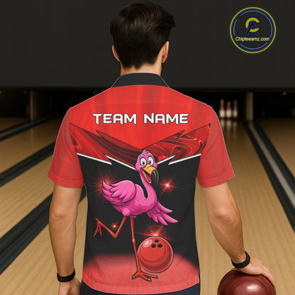 Funny Pink Flamingo Bowling Hawaiian Shirt Custom Flamingo Team bowling button-up shirt | Red NQS11654