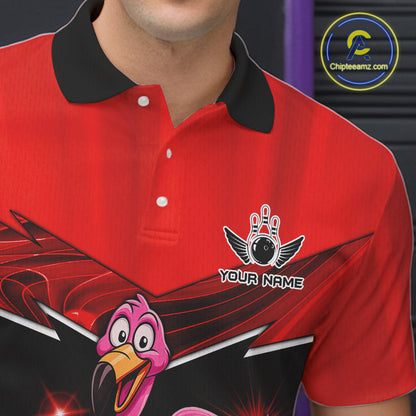 Funny Pink Flamingo Bowling Polo, 1/4 zip shirts for Men Custom Flamingo Team bowling outfit | Red NQS11654