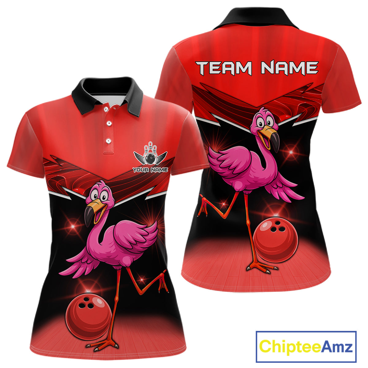 Funny Pink Flamingo Bowling Polo, 1/4 zip shirts for Women Custom Flamingo Team bowling outfit | Red NQS11654