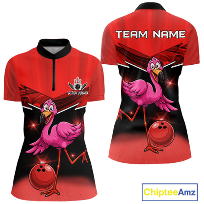 Funny Pink Flamingo Bowling Polo, 1/4 zip shirts for Women Custom Flamingo Team bowling outfit | Red NQS11654